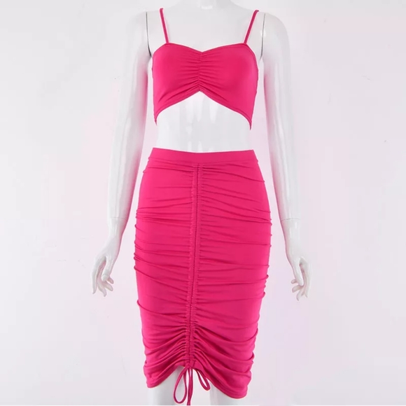 Hot Pink Two Piece Ruched Skirt Set - Picture 3 of 6